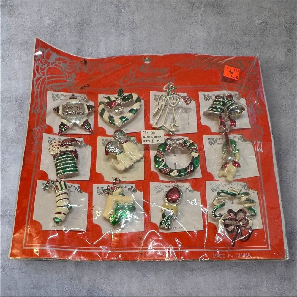 Vintage Christmas Brooch Set Merry Christmas Enamel Metal NOS New Old Stock
